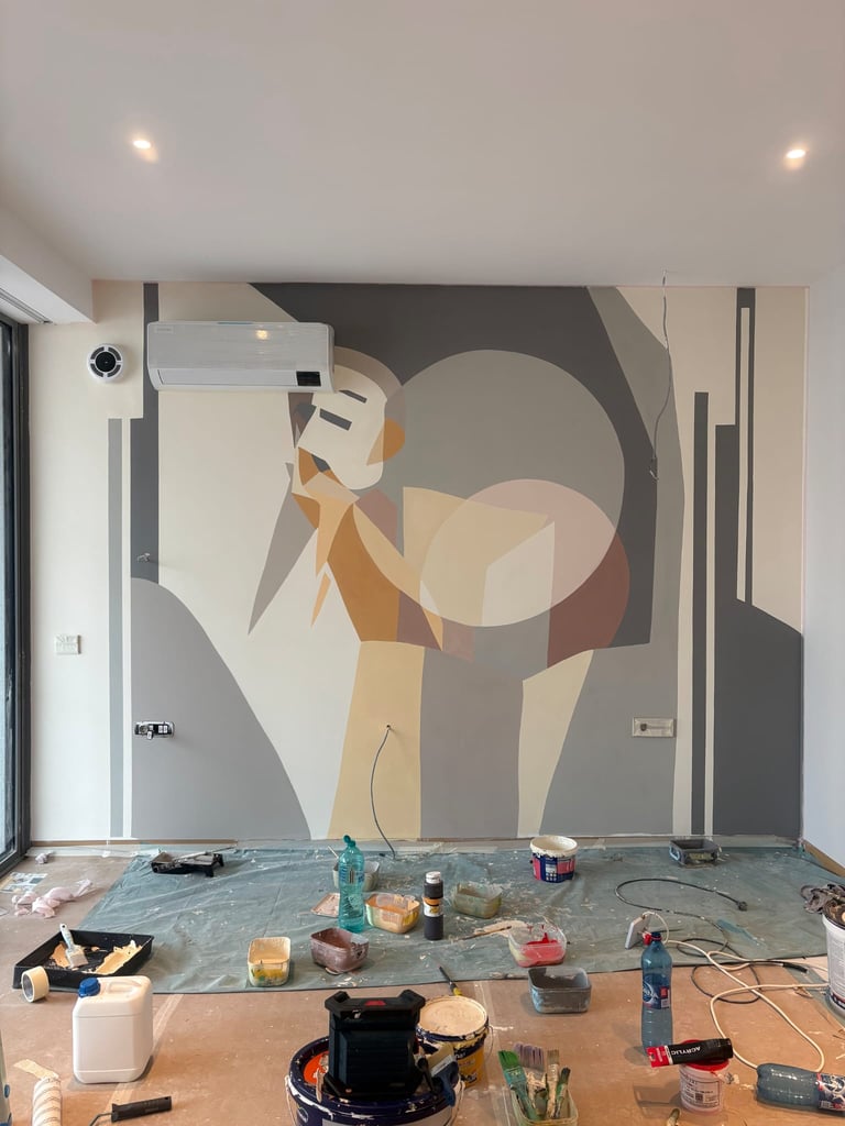 Pictură murală abstractă forme gri.