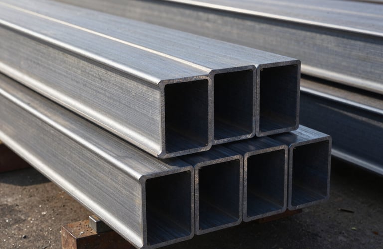 A detailed photograph of stainless steel H-beams arranged for loading at a shipyard, sharp focus on the metallic grain, Global / Industrial B2B, morning light, grey and dark blue tones.