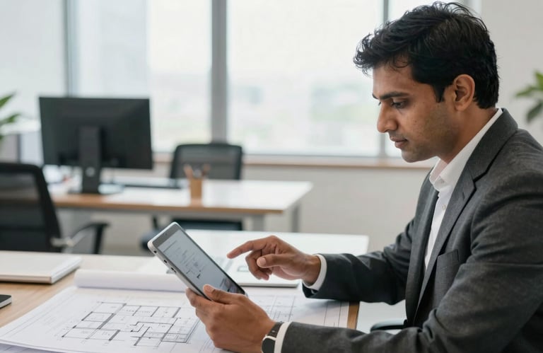 A professional South Asian consultant in a bright office environment, reviewing architectural blueprints on a modern tablet device.