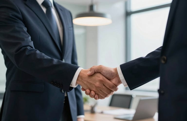 A professional handshake between two people in business attire in a sleek Noida corporate office, emphasizing trust and collaboration.