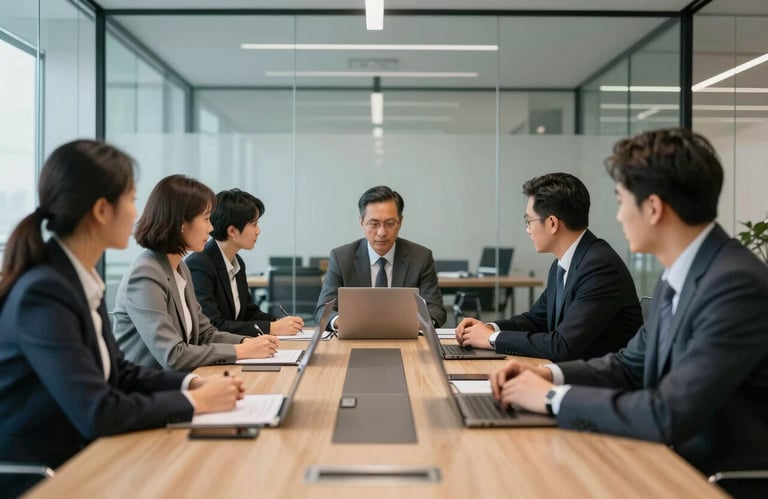 A focused team of professionals in a high-end US corporate boardroom, planning a digital strategy, professional attire, modern glass office.