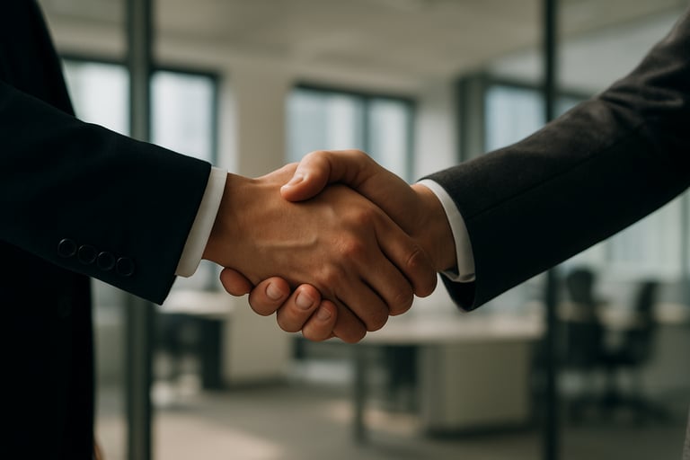 A close-up shot of two people in professional attire shaking hands in an Australian corporate office, focused on the hands to convey agreement and trust.