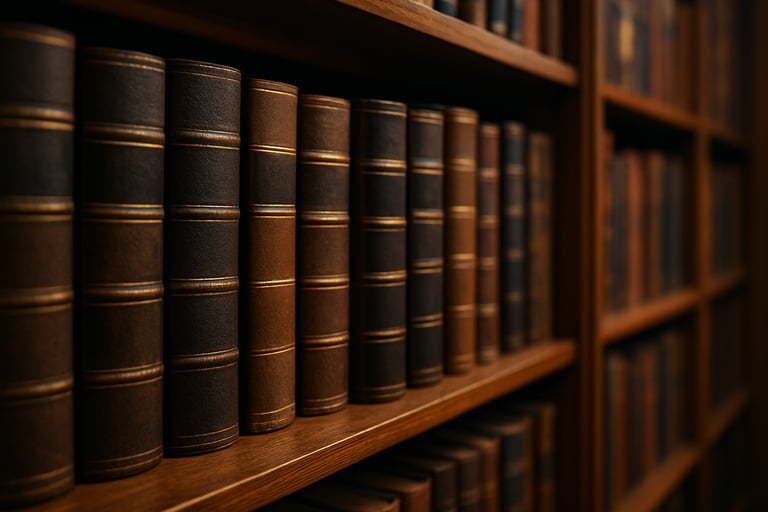 A high-quality photo of legal reference books lined up on a shelf in a warm, lit library, suggesting expertise and deep knowledge.