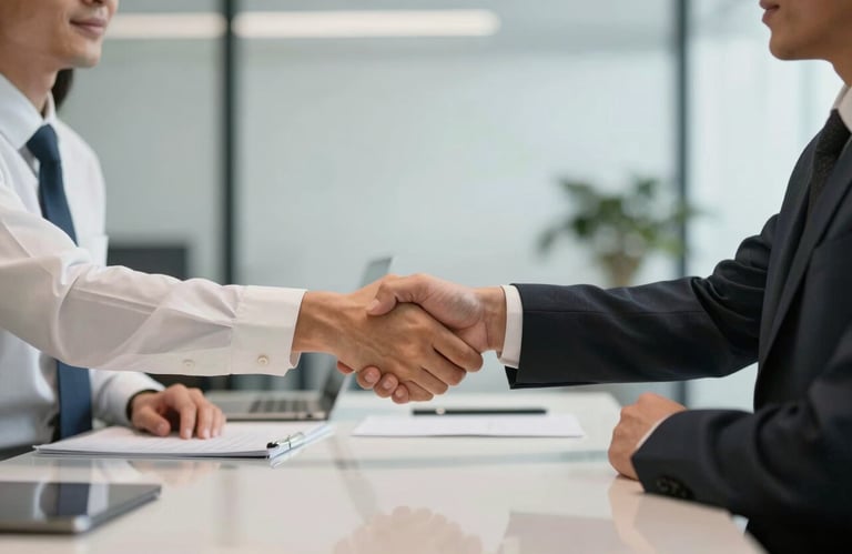 Two professionals in a North American / US office environment shaking hands over a clean, modern desk, reflecting trustworthy partnership.