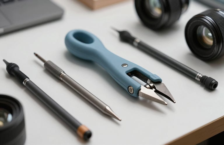 A macro photograph of high-quality drafting tools on a clean white desk in a North American / US design studio, using mist blue and dark charcoal tones.