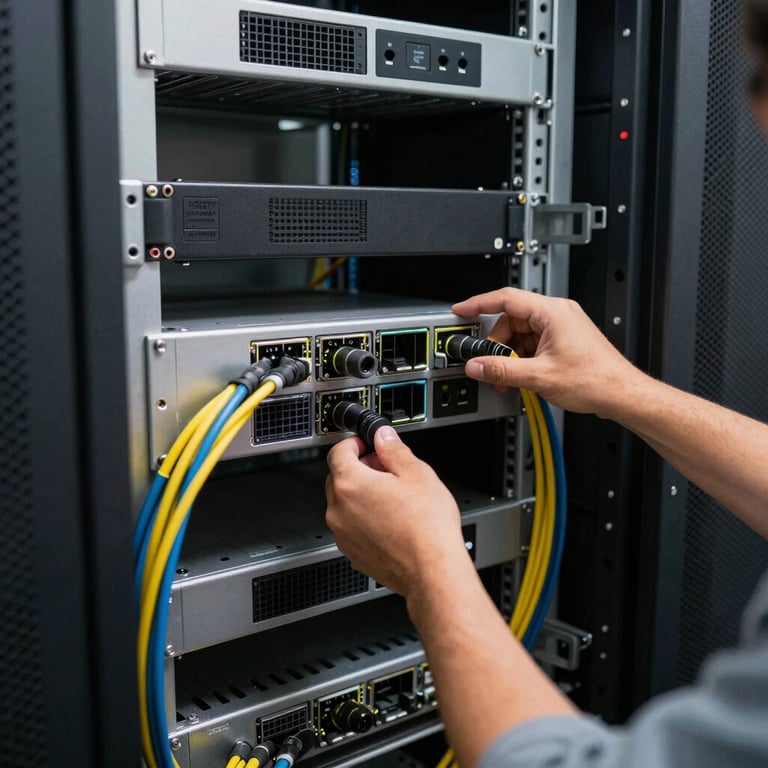 Técnico profesional latinoamericano instalando cableado estructurado de alta fidelidad y equipos de red en un gabinete de servidores organizado y limpio.