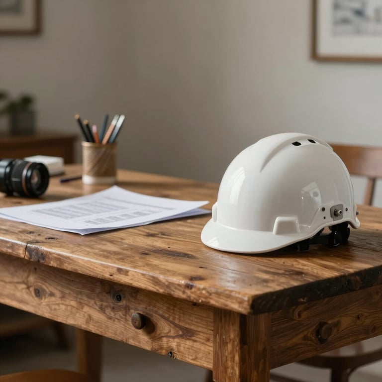 Primer plano de planos arquitectónicos detallados sobre una mesa de madera rústica en una oficina en Latinoamérica, con un casco de seguridad blanco al lado, iluminación profesional.