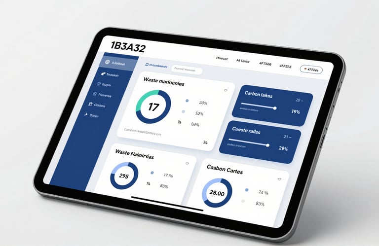 A sleek tablet displaying a dashboard with waste management analytics and real-time carbon reduction metrics, using a professional #1B3A32 and #4F7E6B interface.