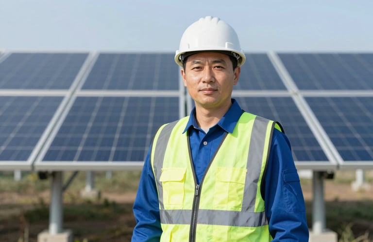 A portrait of a professional engineer in modern safety gear, standing confidently in front of a renewable energy installation, using #4F7E6B and #F0F4EF.