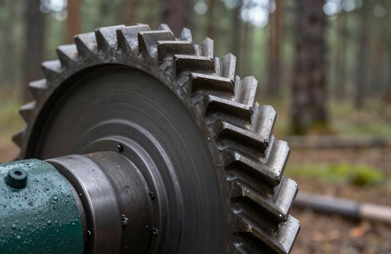 Detailed view of industrial grinding teeth on a wheel. The metal parts have hints of dark green paint. Blurred background of a North American pine forest.