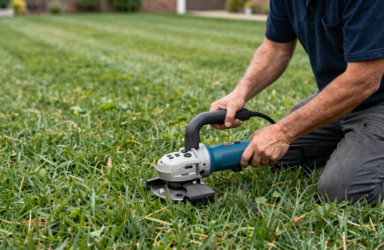 A technician in safety gear using a remote control for a large grinder. The setting is a manicured North American lawn with medium green grass.