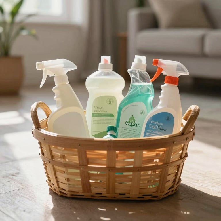 Detail of eco-friendly cleaning supplies in a wooden basket on a polished floor in a Northern European interior setting, soft sunlight.