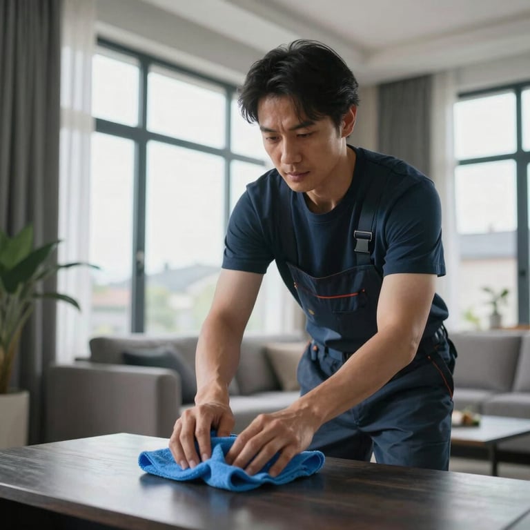 A professional cleaner tidying a contemporary living room with large windows, Northern European decor style, using a blue cloth.