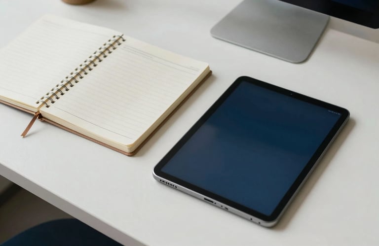 A minimalist overhead shot of an organized desk with a notebook and a sleek digital tablet in a light-filled North American office, off-white and deep blue color scheme, representing clarity and planning.