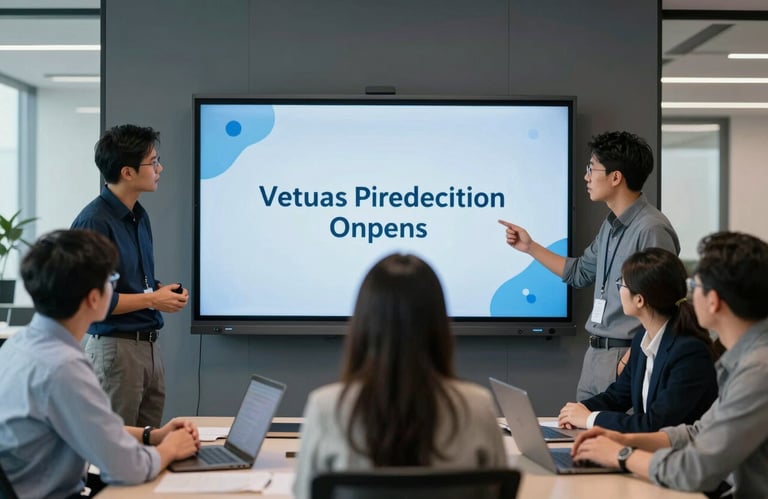 A candid shot of a collaborative team discussion around a large screen in a contemporary US tech office, bright light blue and dark gray tones, conveying innovation and teamwork.