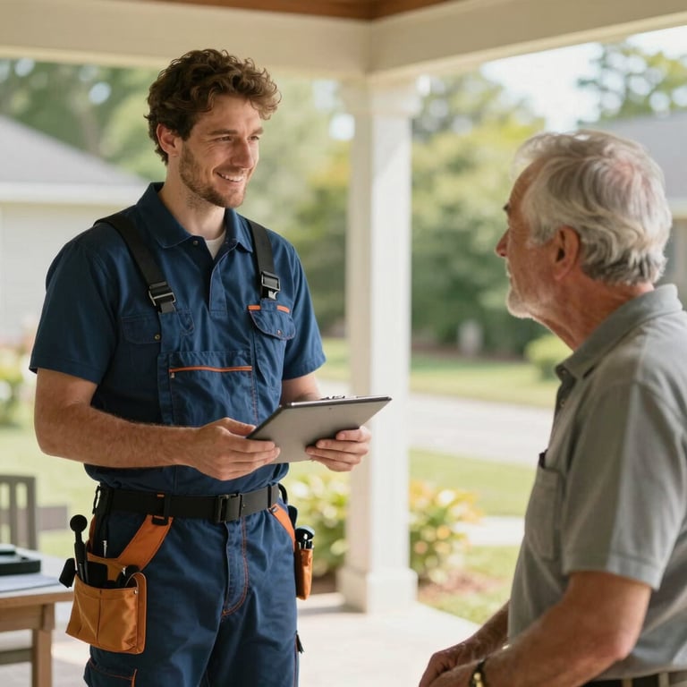 A friendly interaction between a young professional contractor and an elderly homeowner on a sunlit porch, sense of trust, North American / US.