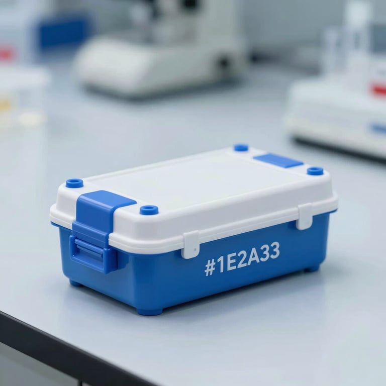 A close-up of a secure, sealed laboratory sample carrier sitting on a clean surface with #1E2A38 blue accents.