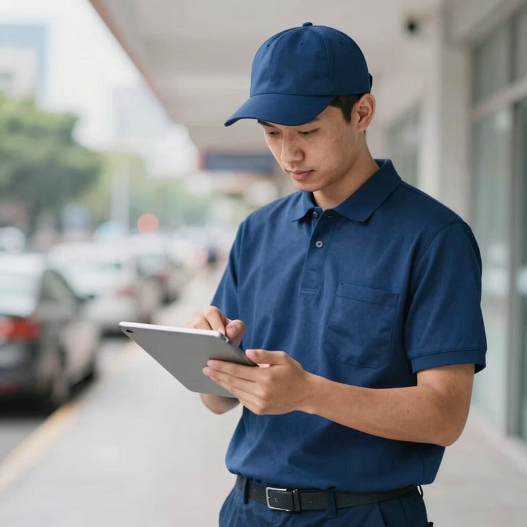 A courier in a professional navy blue uniform scanning a delivery manifest on a tablet device.