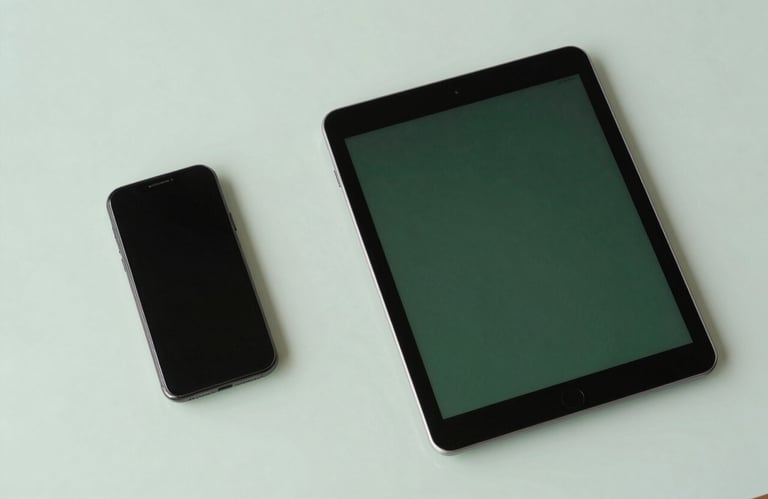 A top-down view of a clean desk with a smartphone and a tablet in a modern North American / US office, clean lines, professional lighting, featuring muted sage and dark forest green.