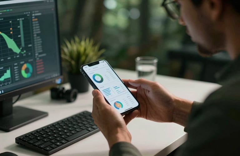 A professional in a modern North American / US workspace environment, using a sleek smartphone to review analytics, cinematic lighting with dark forest green accents.