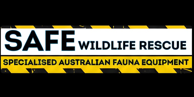black background with yellow and black safety tape around a white box with text SAFE wildlife rescue