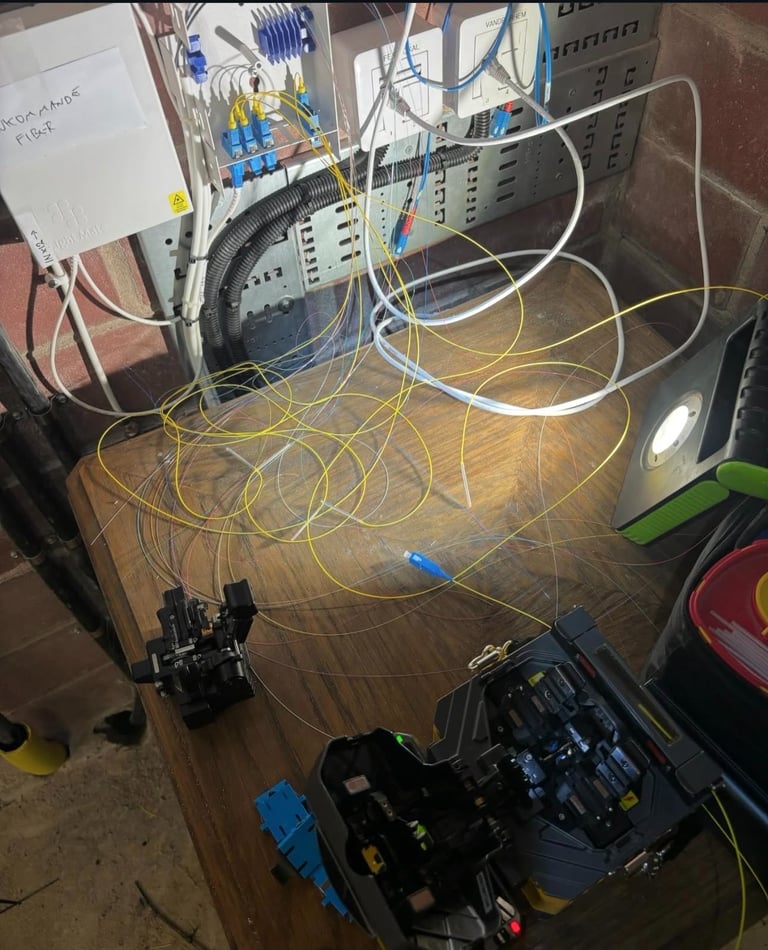 Fiber optic fusion splicer and yellow cables being installed on a network patch panel.