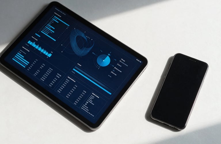 A top-down view of a minimalist desk with a tablet showing abstract blue data visualizations and a smartphone, sharp shadows, navy blue and silver tones.