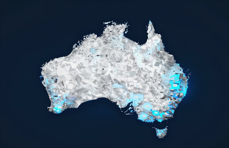 A conceptual image of a digital map of Australia with electric blue highlights on local business hubs, signifying growth and visibility.