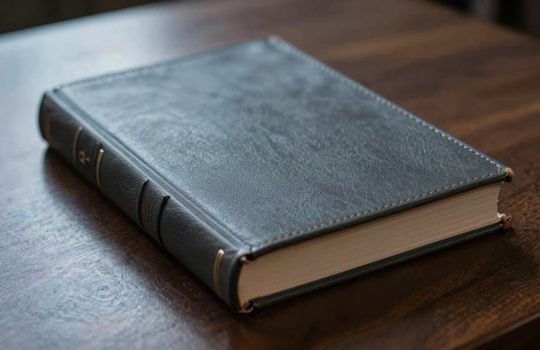 A close-up of a charcoal grey leather-bound legal tome resting on a polished dark wood table under a muted blue light.