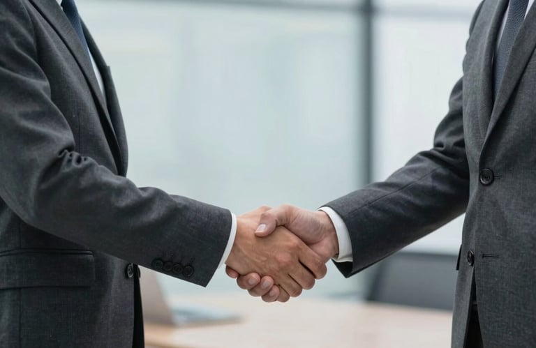 A professional handshake between two individuals in dark charcoal grey business attire, set against a blurred soft blue office background.