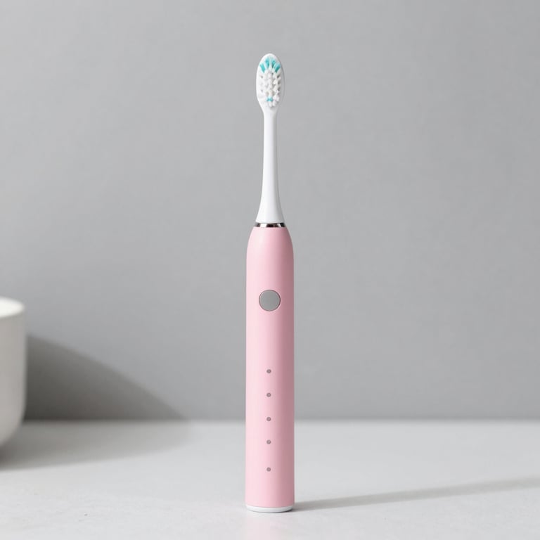 Close-up of a sleek electric toothbrush standing on a bathroom sink with soft morning light.