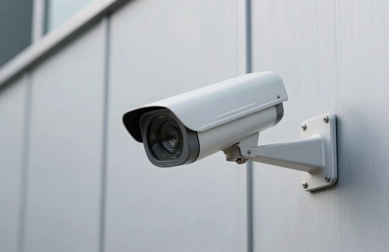 Close-up of a modern security camera mounted on a clean silver grey warehouse wall in a South Asian / Indian facility.