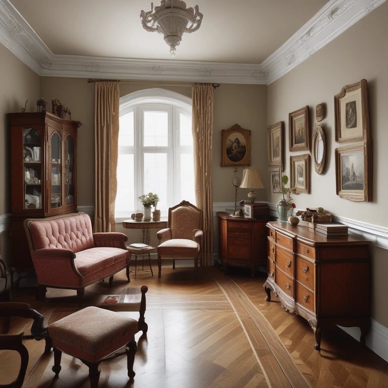 A cozy vintage shop filled with unique antiques and accessories.