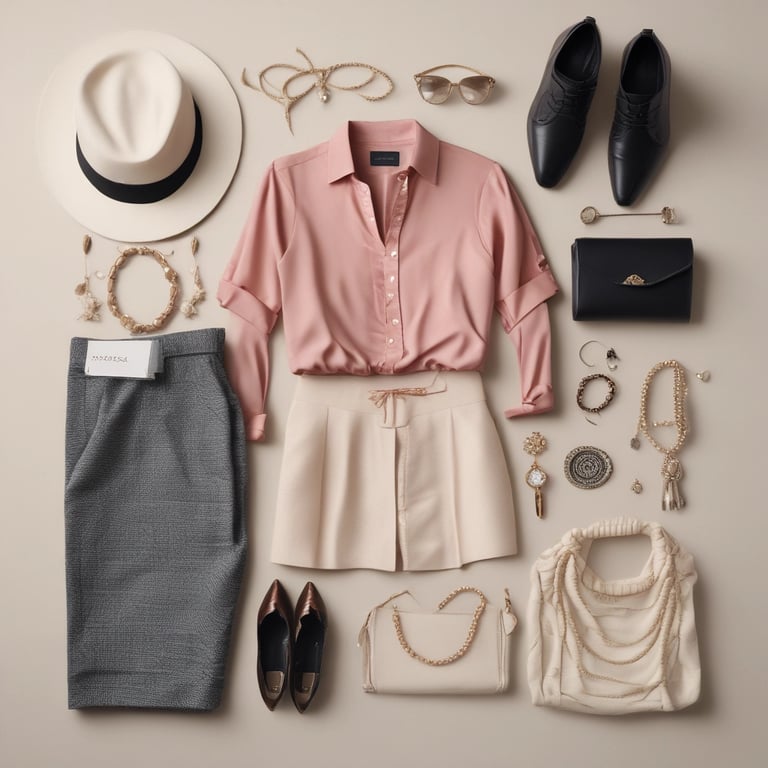 A stylish collection of vintage accessories laid out on a wooden table.