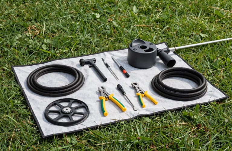 A clean, organized array of professional septic plumbing tools and hoses laid out on a drop cloth on a lush green North American lawn.