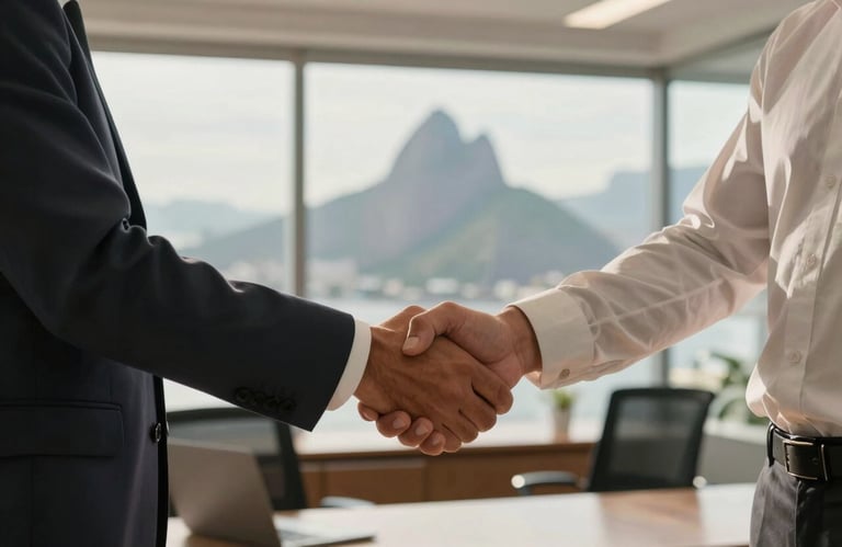 A firm handshake between two professionals in a modern office in Rio de Janeiro, South American / Brazilian context, warm natural light, professional trust and partnership.