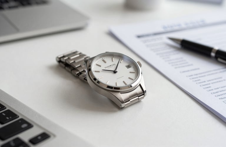 Close-up of a modern watch and business documents on a clean white desk, professional South American / Brazilian setting, soft sky blue accents, signifying efficiency and punctuality.