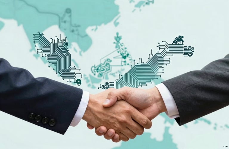 A collage showing a map of Malaysia made of digital circuit lines and a handshake, symbolizing partnership and local growth. Hues of #A4C3A8 and #1C2D2F.