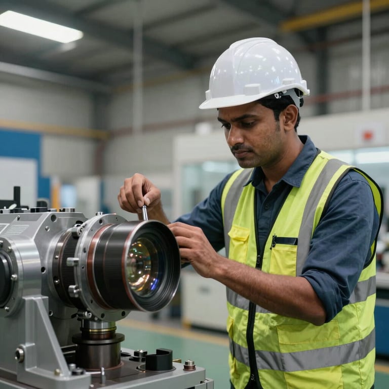 A South Asian / Indian engineer wearing safety gear carefully inspecting a large mechanical component in a modern engineering facility.