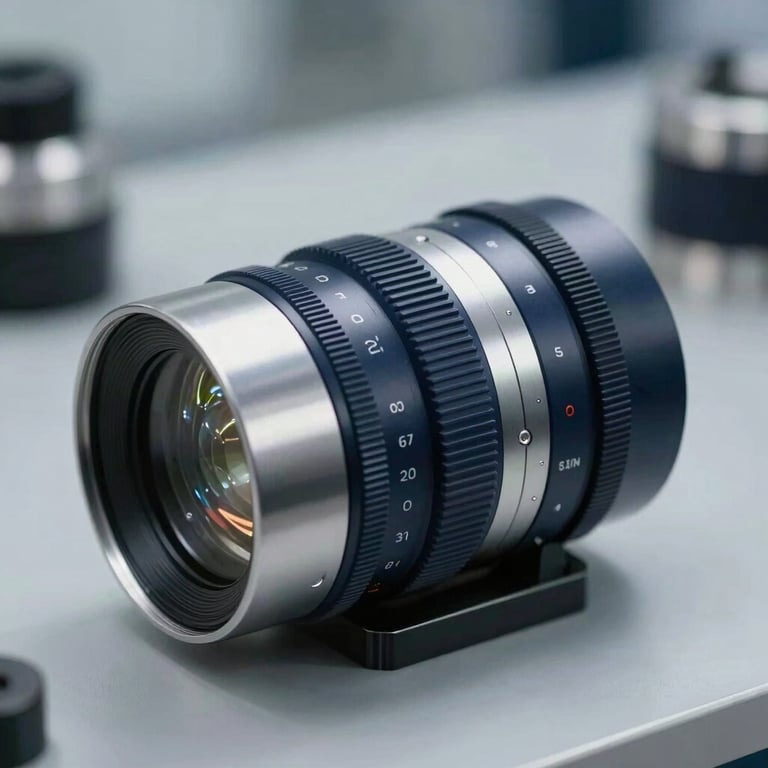 Close-up of industrial technical components on a clean surface, professional studio photography for an engineering firm, navy and silver tones.