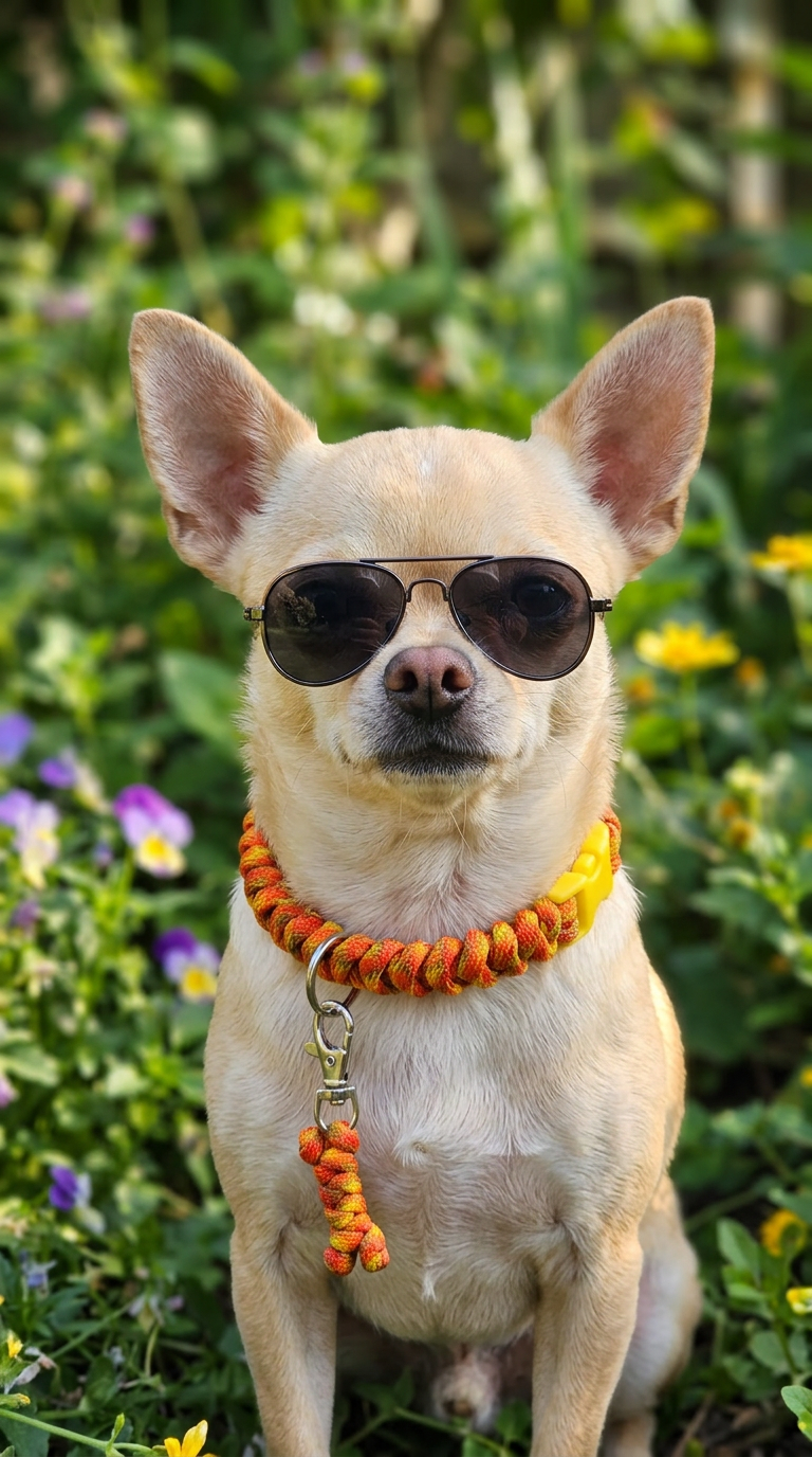 Perrito chihuahua con lentes y con collar tejido naranja con amarillo