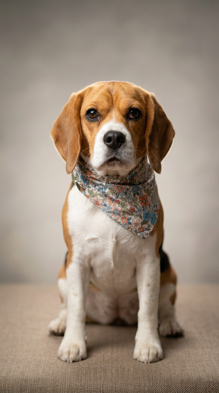 perrita beagle luciendo una bandana con flores