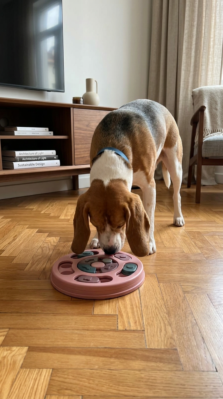 Perro beagle jugando con un juguete interactivo buscando premios