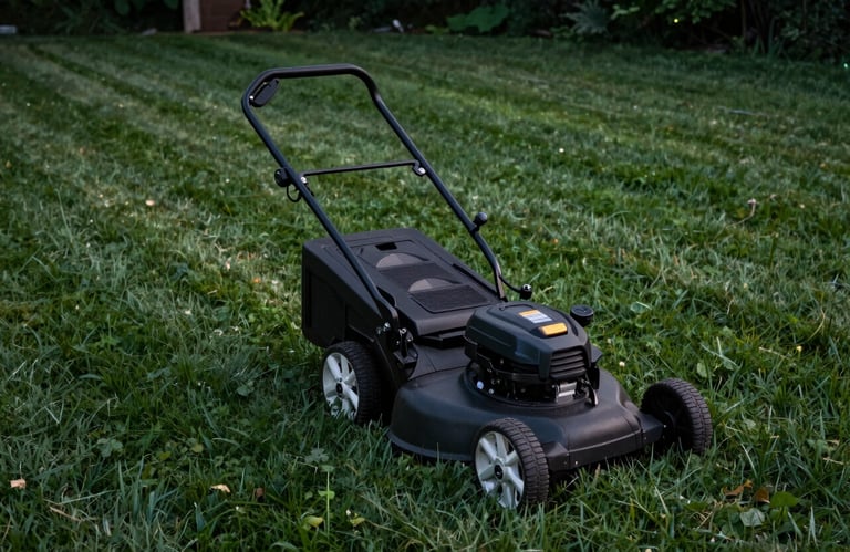 A high-angle shot of a lawn mower's straight lines on a lush, forest green lawn in a North American / US yard. Soft evening light, very clean and professional.