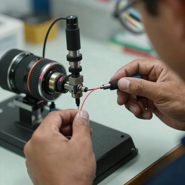 Close-up of a technician's hands using professional fiber optic splicing equipment in a South American / Brazilian workplace setting, high precision engineering style.