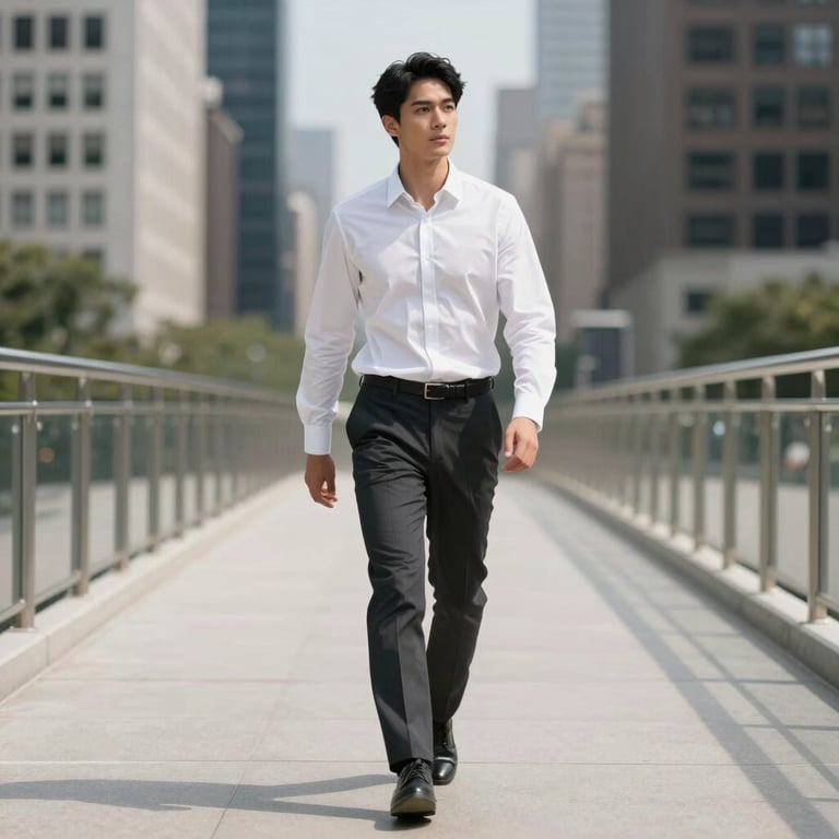 A professional individual in a crisp white shirt walking confidently across a modern pedestrian bridge in a US city, daylight, high-quality photography.