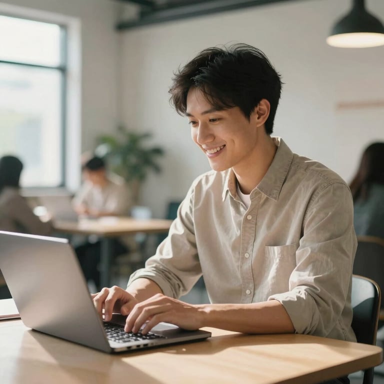 A person smiling while working on a laptop in a bright, modern co-working space in North America, clean aesthetic with soft shadows.