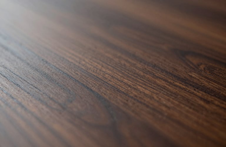 A macro photograph showing the beautiful natural grain of a polished dark wood surface. The lighting emphasizes the depth and richness of the #2C2720 and #7B5E4A tones.