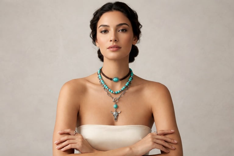 Woman wearing layered turquoise beaded necklaces and a silver steer skull pendant jewelry set.