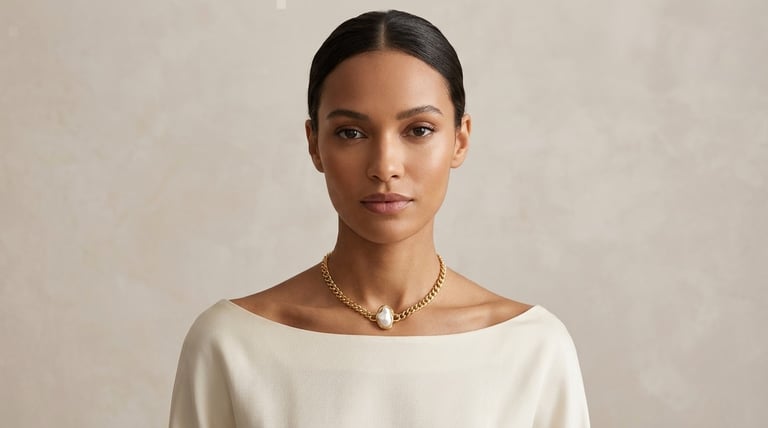 Elegant woman wearing a gold link chain necklace with a large pearl pendant.